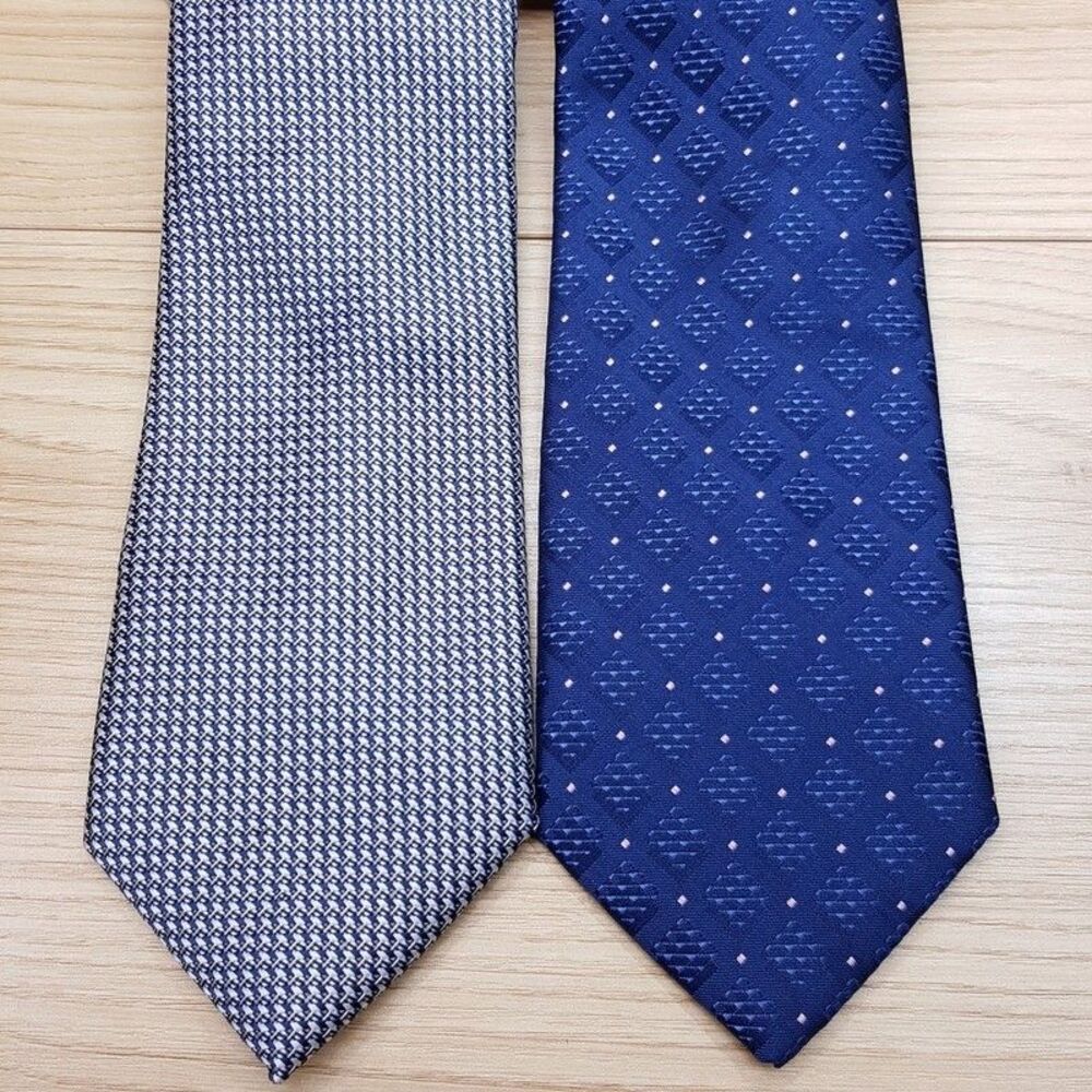 PERRY ELLIS Mens Neck Tie Grey Navy Houndstooth Diamond Geo Lot of 2 Necktie